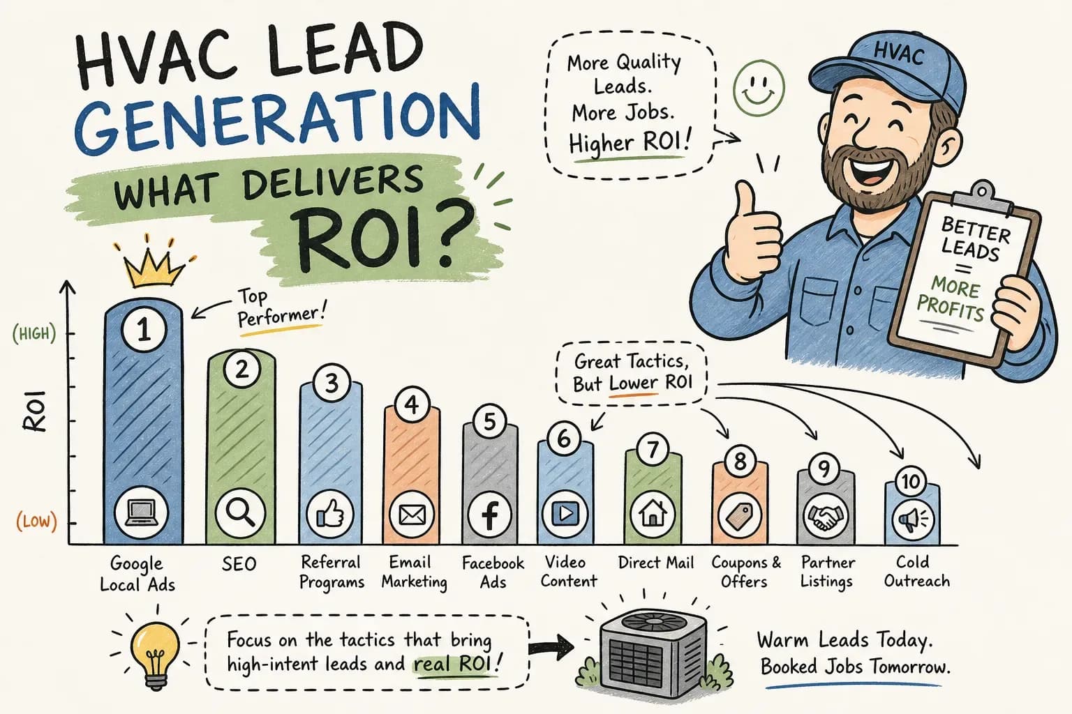 HVAC lead generation ranked by ROI: 10 tactics compared by cost per lead and close rate, plus the channel that costs zero ad dollars.