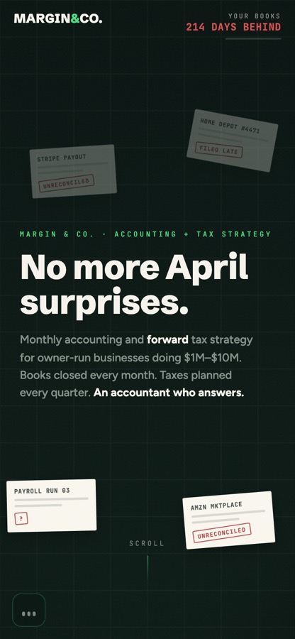 Margin & Co. accounting scroll-film hero