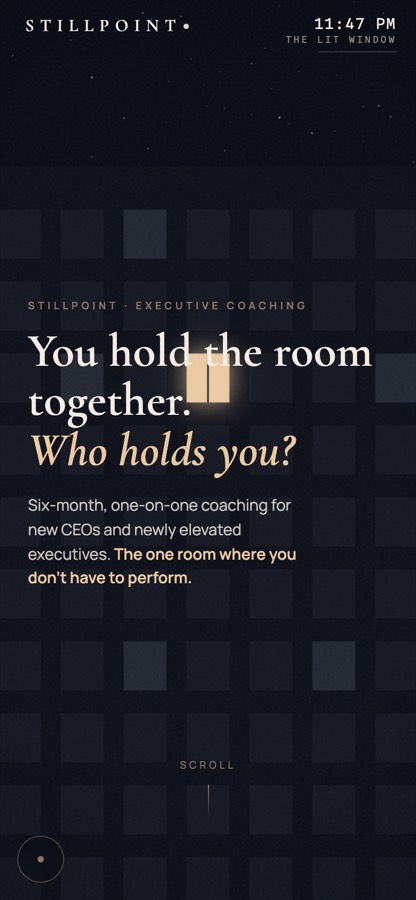 Stillpoint executive coaching scroll-film hero