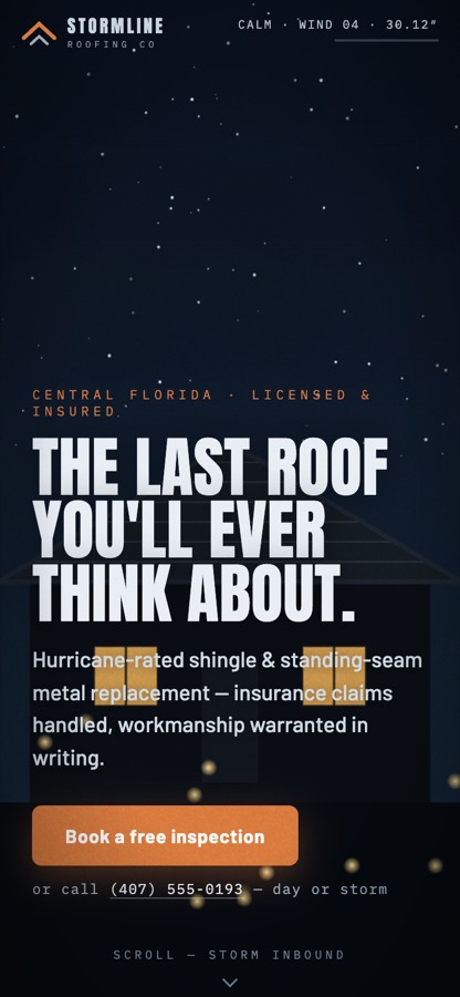 Stormline Roofing scroll-film hero